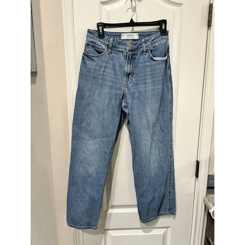 hollister ultra high rise dad jean Sz 6 Short W28 Short 99% Cotton Light Wash